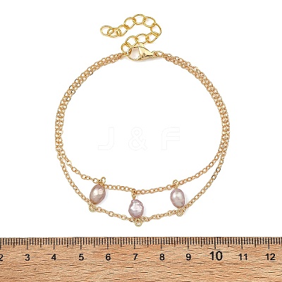 Brass Cable Chains & Rice Natural Cultured Freshwater Pearl Double Layers Bracelets for Women BJEW-JB14135-01-1