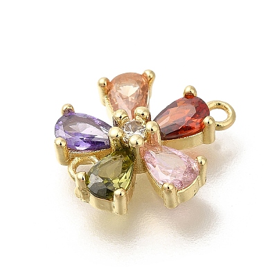 Brass Pave Glass Flower Connector Charms KK-M295-17G-03-1