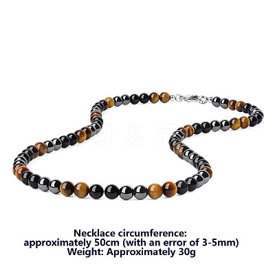 Synthetic Non-magnetic Hematite & Natural Tiger Eye & Obsidian Round Beaded Necklaces for Men YX5918-2-1