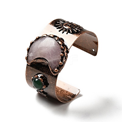 Natural Rose Quartz & Agate Crescent Moon and Sun Open Cuff Bangle G-D468-25R-01-1