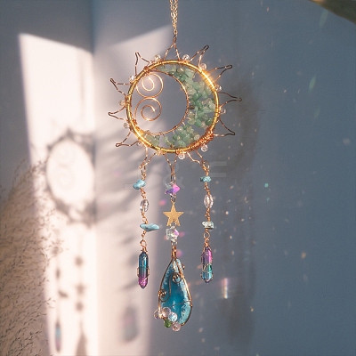 Wire Wrapped Natural Green Aventurine & Metal Sun with Moon Pendant Decorations PW-WG96896-01-1