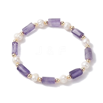 Column Natural Mixed Gemstone & Pearl Beaded Stretch Bracelet BJEW-JB10068-1