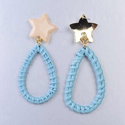 Handmade Spray Painted Reed Cane/Rattan Woven Dangle Stud Earrings EJEW-JE03083-1