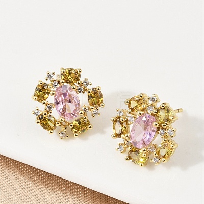 Flower Brass Micro Pave Cubic Zirconia Stud Earrings EJEW-M082-20G-1