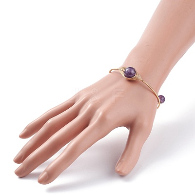 Natural Amethyst Round Beaded Bangle BJEW-JB07816-03-1