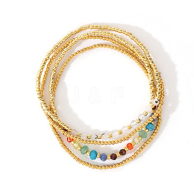 4Pcs Luxury Natural 304 Stainless Steel Round Beads & Moonstone & Lapis Lazuli & Malaysia Jade & Glass & Cubic Zirconia & Purple Garnet & Red Garnet & Glass Seed Beads Stretch Bracelet Set for Women AP3962-7-1