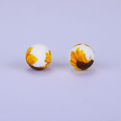 Printed Round with Sunflower Pattern Silicone Focal Beads SI-JX0056A-211-1