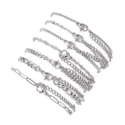 7Pcs 304 Stainless Steel Figaro Chains & Venetian Chains & Water Wave Chains & Cable Chains & Rolo Chains & Bracelets for Women BJEW-JB12773-1