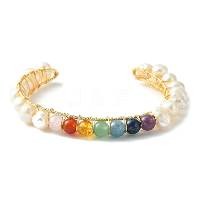 Natural Pearl Bead & Mixed Gemstone Beads Cuff Bangles for Women Girl Gift BJEW-JB06826-03-1