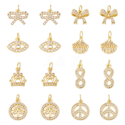 16Pcs 8 Styles Brass Micro Pave Cubic Zirconia Pendants KK-TA0002-30-1