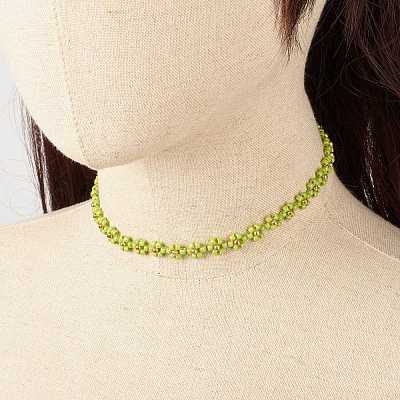 Glass Seed Beaded Flower Necklace with Alloy Enamel Bee Charm NJEW-JN03817-02-1