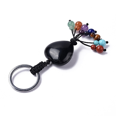 Natural Obsidian Heart with Mixed Gemstone Tassel Keychains KEYC-P012-03P-03-1
