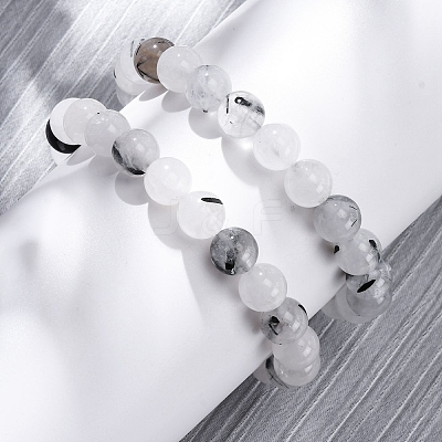 Natural Tourmalinated Quartz Round Beaded Stretch Bracelets for Men Women BJEW-G743-01C-1