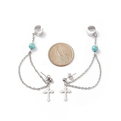 Synthetic Green Turquoise Beaded Hanging Chain Dangle Stud Earrings with Ear Cuff EJEW-TA00149-1