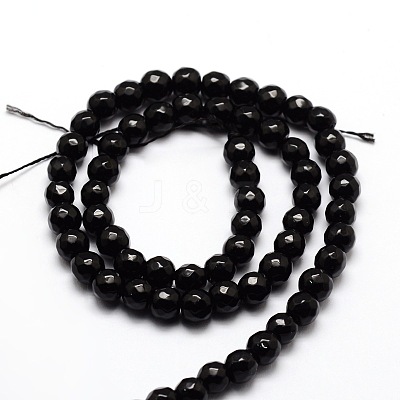 Faceted Natural Black Onyx Round Beads Strands G-E319B-6mm-01-1