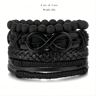 4Pcs 4 Styles Cowhide & Imitation Leather & Beaded Bracelet Set for Men Women FS-WG0FA9F-01-1