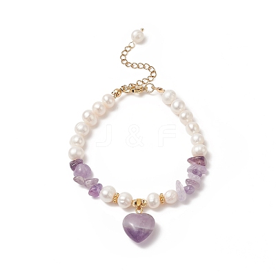4Pcs 4 Style Natura Mixed Gemstone & Shell Beaded Bracelets Set with Heart Charms for Women BJEW-TA00242-1