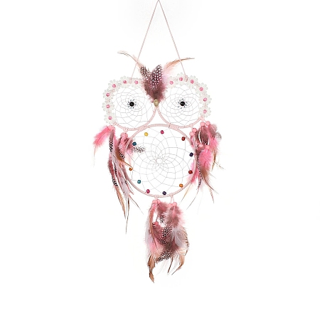 Owl Woven Web/Net with Feather Hanging Ornaments HJEW-G025-06-1