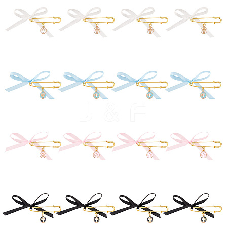 4Pcs 4 Color Satin Ribbon Bowknot & Alloy Enamel Cross Charms Safety Pin Brooches JEWB-AB00014-1