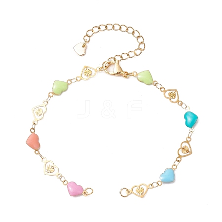304 Stainless Steel Enamel Colorful Heart Link Chain Bracelet Making AJEW-JB01304-1