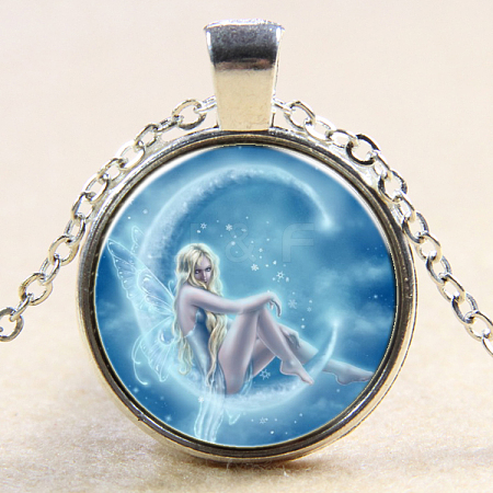Fairy Pattern Flat Round Glass Pendant Necklaces NJEW-N0051-027A-02-1