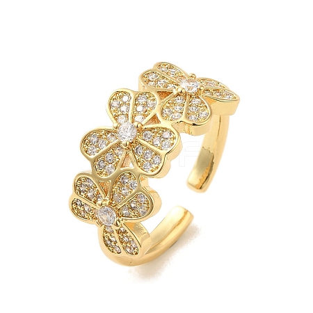 Clover Brass Micro Pave Clear Cubic Zirconia Cuff Rings for Women RJEW-G311-02C-G-1