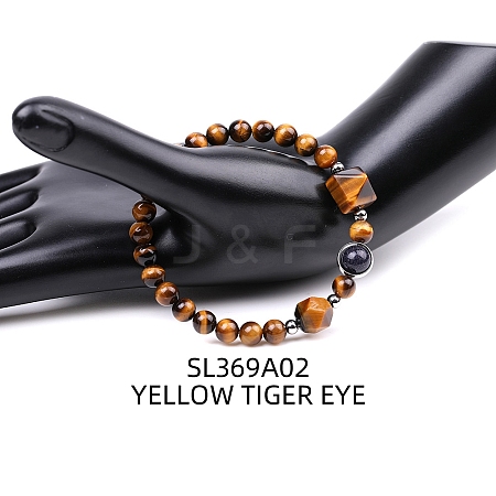 Natural Tiger Eye Pyramid & Synthetic Blue Goldstone Beaded Stretch Bracelet PW-WG46847-02-1