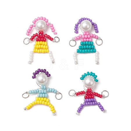 4Pcs 4 Styles Glass Seed Bead with Glass Pearl Round Beaded People Connector Charms PALLOY-MZ00644-1