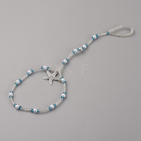 Bohemian Alloy Starfish Charm Glass Seed Beads and Plastic Imitation Pearl Beaded Toe Ring Stretch Anklets for Women AJEW-WH0270-834A-1