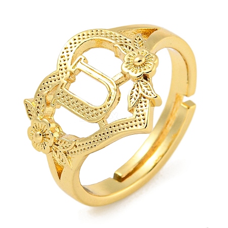 Heart with Letter & Flower Rack Plating Brass Adjustable Rings for Women RJEW-I105-05G-U-1