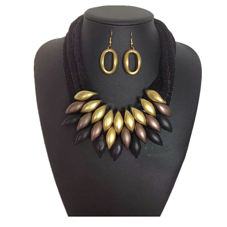 Alloy Resin Horse Eye Multilayer Necklaces & Oval Dangle Earrings Sets FS-WGA880F-03-1
