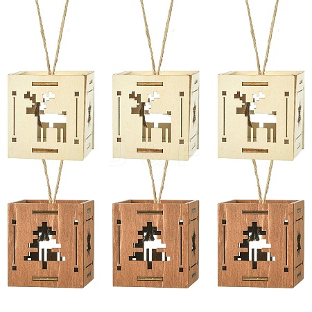 1 Set 6Pcs 2 Styles Christmas Square Splicing Wooden Ornament Mixed Colors ST-CJ0040-001-1