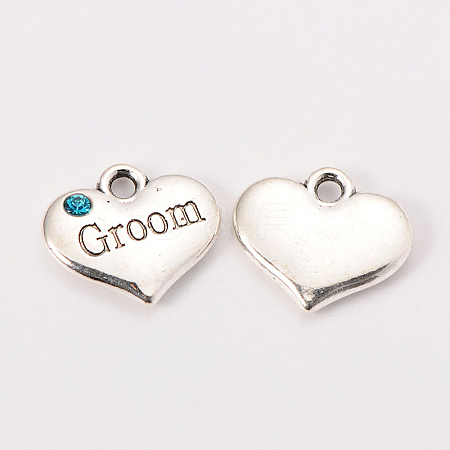 Wedding Theme Antique Silver Tone Tibetan Style Alloy Heart with Groom Rhinestone Charms TIBEP-N005-20D-1