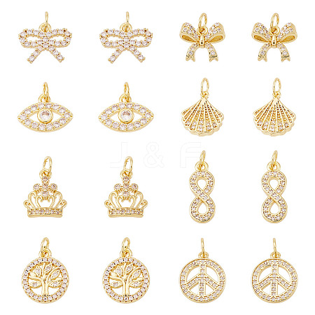 16Pcs 8 Styles Brass Micro Pave Cubic Zirconia Pendants KK-TA0002-30-1