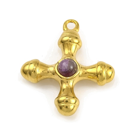 Natural Amethyst & 304 Stainless Steel Cross Pendants STAS-H221-01G-07-1