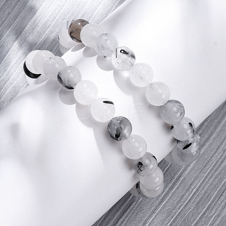 Natural Tourmalinated Quartz Round Beaded Stretch Bracelets for Men Women BJEW-G743-01C-1