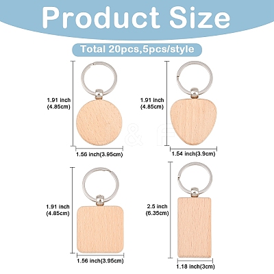 20Pcs 4 Styles Natural Wood Keychains HJEW-YW0001-10-1