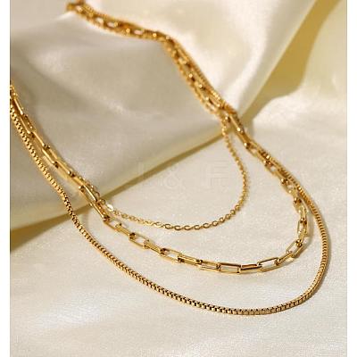 304 Stainless Steel Paperclip & Box Chains 3 Layer Necklaces JN1126A-1