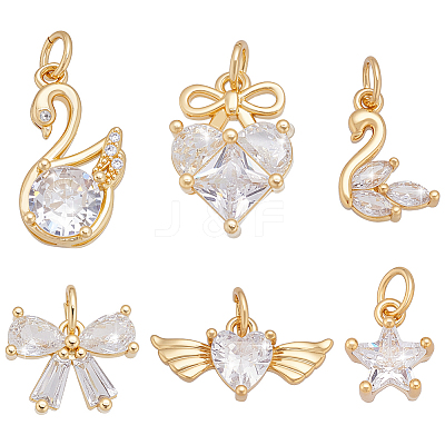 12Pcs 6 Styles Brass Micro Pave Cubic Zirconia Pendants ZIRC-WR0001-08-1