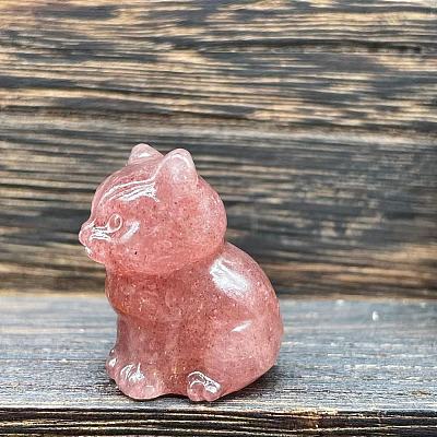Cherry Quartz Glass Carved Healing Cat Figurines WG60889-09-1