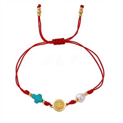 Religion Dyed Synthetic Turquoise Cross and Imitation Pearl Braided Bead Bracelets KV1006-1