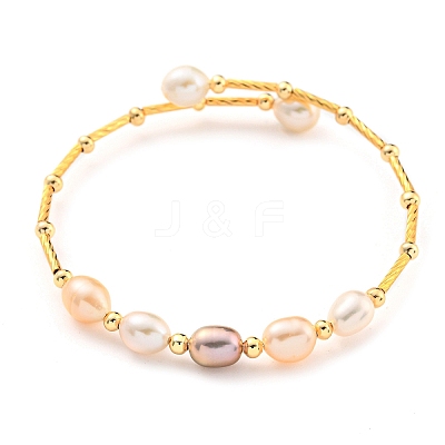 Brass & Natural Freshwater Pearl Beads Open Cuff Bangles for Women BJEW-F470-03G-02-1