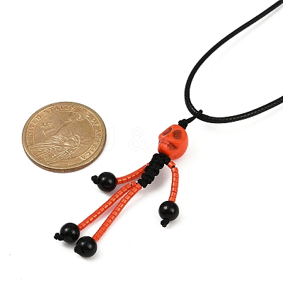 Halloween Theme Skeleton Glass Seed Beaded & Natural Black Onyx(Dyed & Heated) & Skull Dyed Synthetic Turquoise Pendant Necklaces NJEW-MZ00117-1
