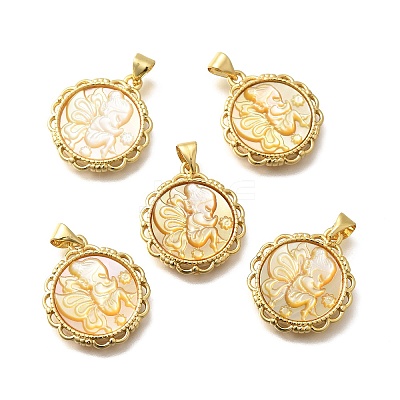 Brass with Natural Shell Carved Pendants KK-Z091-07G-03-1