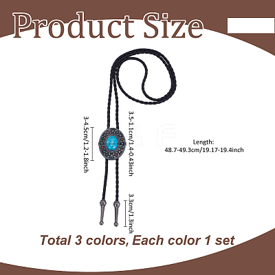 3Pcs 3 Style Adjustable Zinc Alloy Pave Synthetic Turquoise Oval/Flat Round Pendant Black PU Leather Cord Lariat Necklaces NJEW-ME0001-02-1