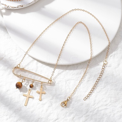 201 Stainless Steel Satety Pin with Round Natural Tiger Eye Pendant Brass Cable Chain Necklaces for Women NJEW-TA00214-1