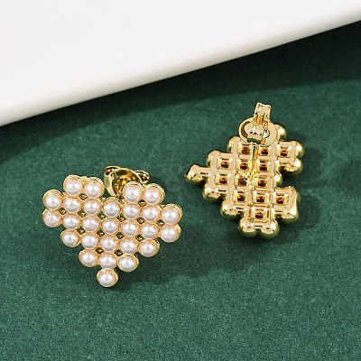 Brass ABS Plastic Pearl Heart Stud Earrings EJEW-L275-14G-03-1