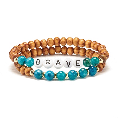 Natural Wood Round Beads Stretch Bracelets Sets BJEW-JB07347-1