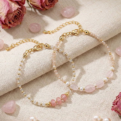 2Pcs Natural Rose Quartz & Glass & Imitation Pearl & Brass Beaded Bracelets for Women JV0360-4-1