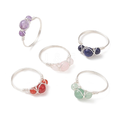 Natural Mixed Gemstone Round Beaded Finger Rings RJEW-JR00570-1